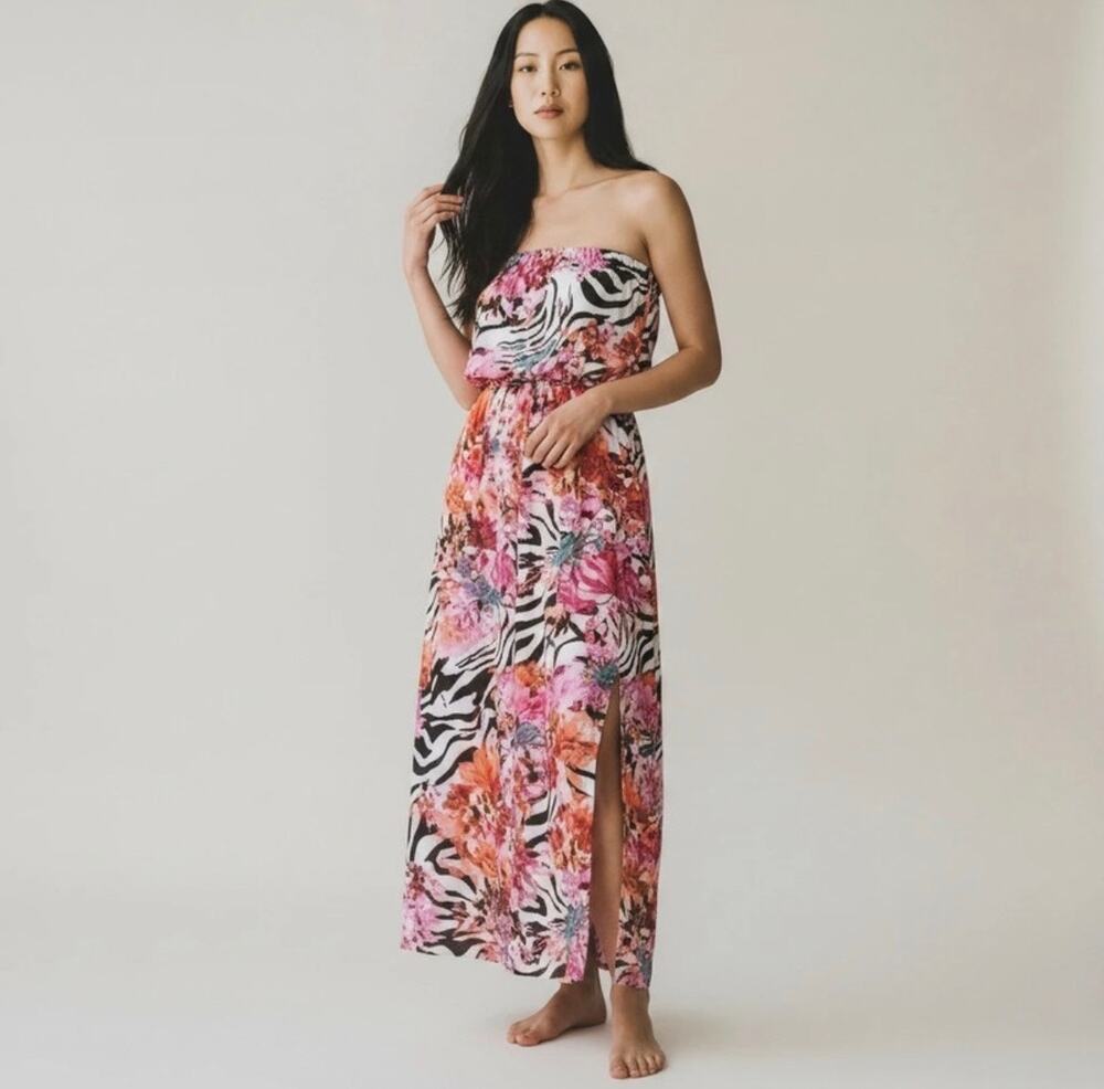 Jennifer Lopez Summer Oasis floral zebra print strapless maxi dress NWT size PL